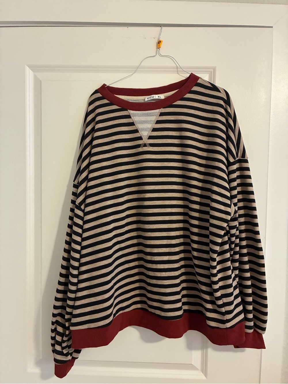 Striped Crewneck Sweater in Beige & Black with Wine Trim